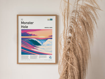 Monster Hole, Florida Poster | Barrel Wave & Tropical Surf Wall Art — styled in a modern interior
