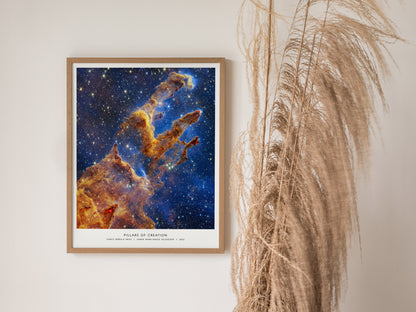 Pillars of Creation JWST space art styled above a desk with telescope and astronomy books
