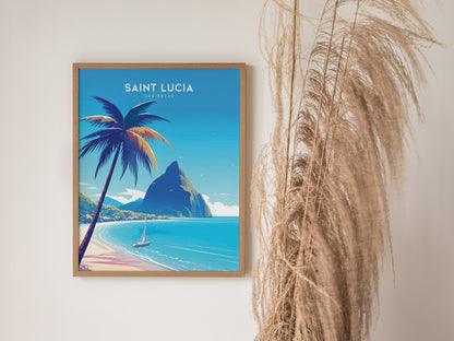 A framed poster of Saint Lucia features a tropical beach scene with a palm tree, sailboat, and the iconic Pitons under a clear blue sky, hanging beside decorative dried grass.