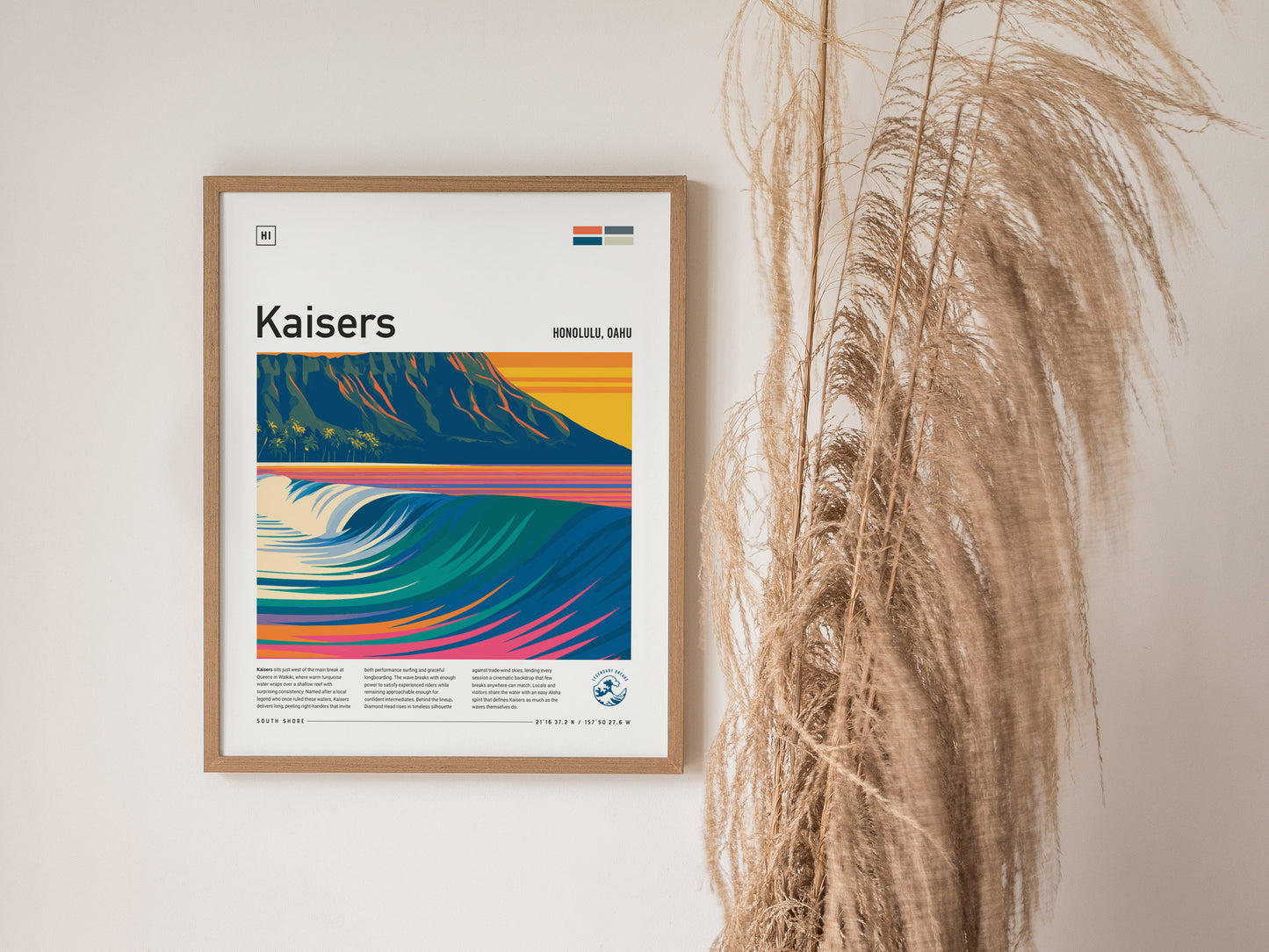 Kaisers, Hawaii Poster | Golden Surf & Diamond Head Wall Art — styled in a modern interior