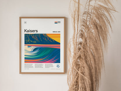 Kaisers, Hawaii Poster | Golden Surf & Diamond Head Wall Art — styled in a modern interior