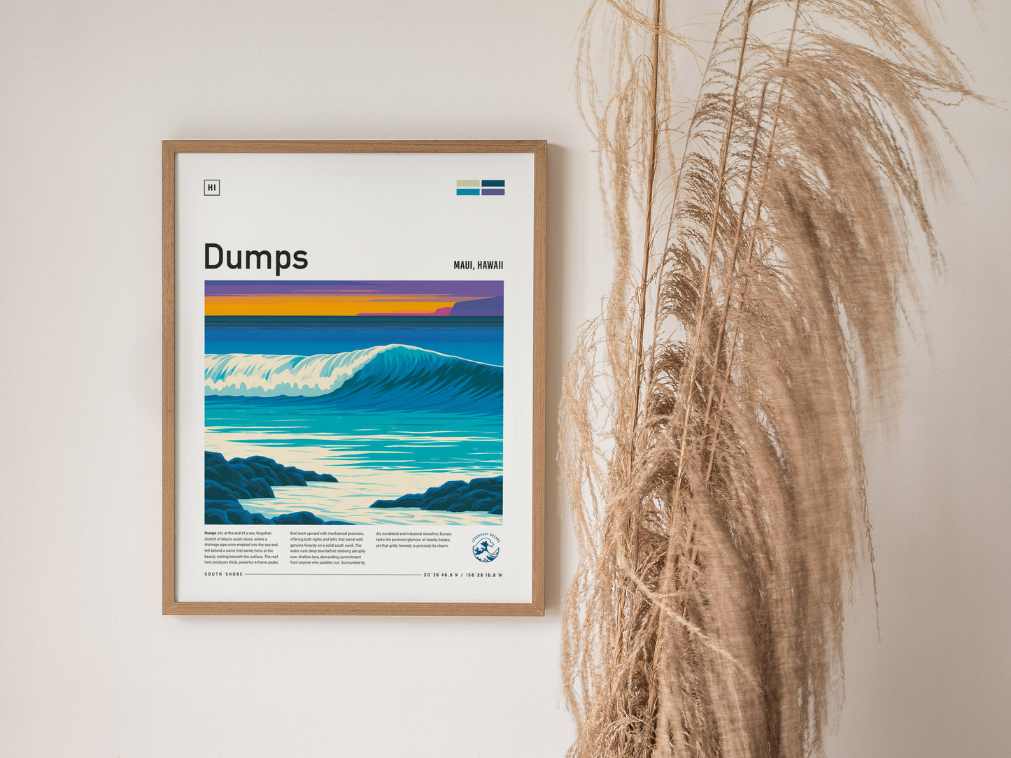 Dumps, Hawaii Poster | Tropical Reef Break Surf Wall Art — styled in a modern interior
