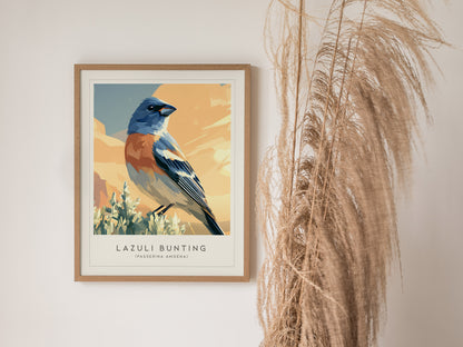 Lazuli Bunting, Passerina amoena Poster | Vibrant Songbird Nature Poster Wall Art — styled in a modern interior