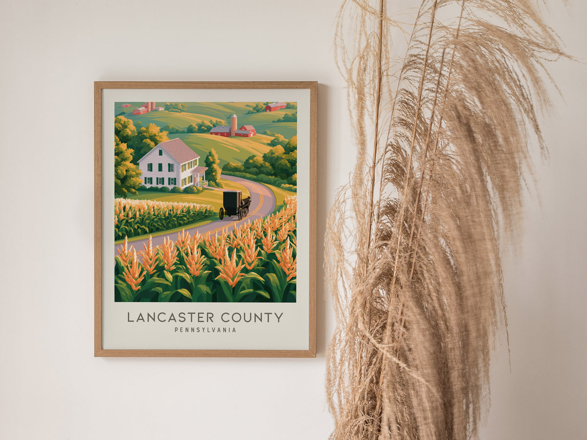 Lancaster County Matte Border Poster | Pennsylvania Destination Print Travel Wall Art — styled in a modern interior