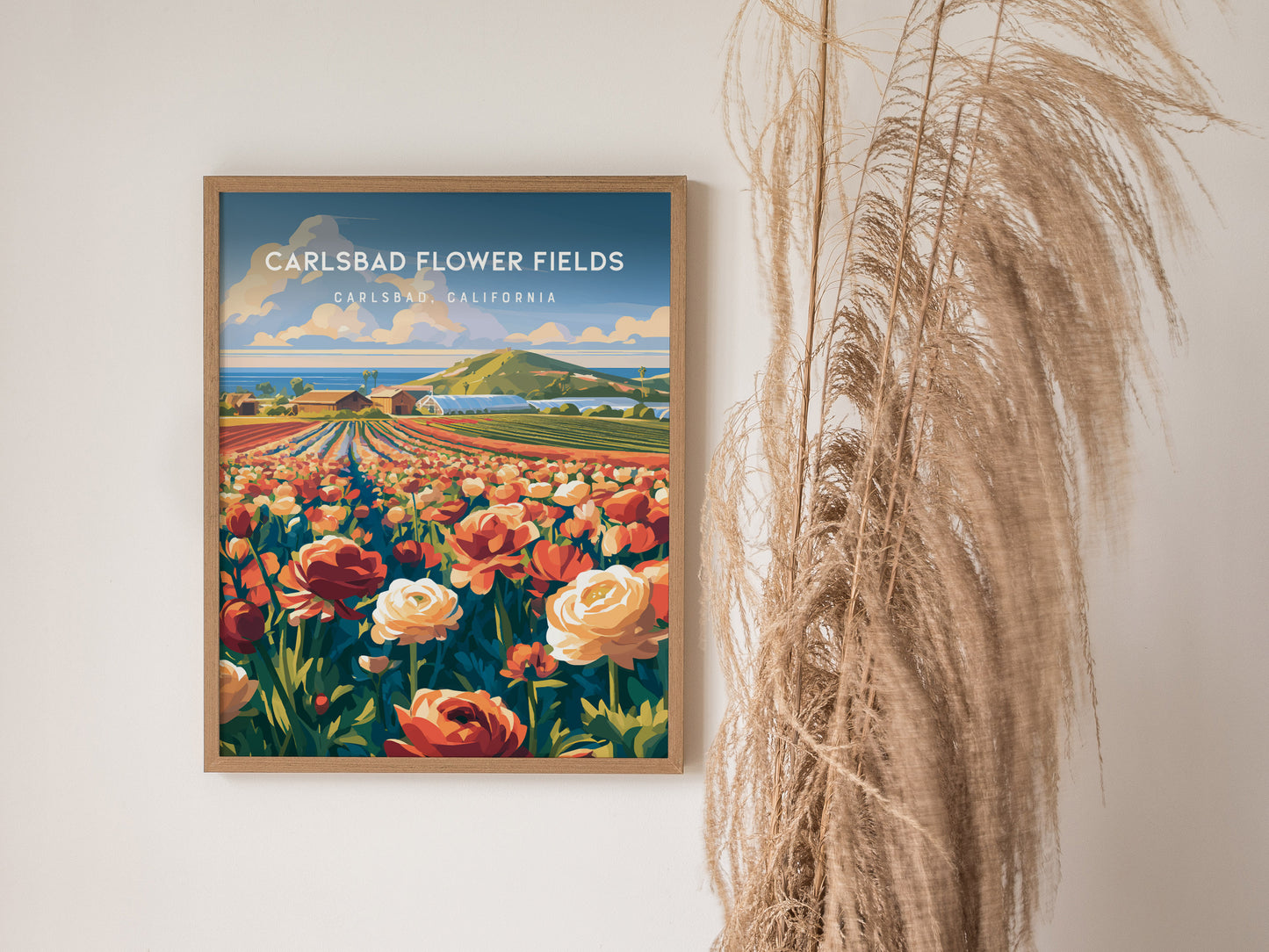 Carlsbad Flower Fields, California Poster | Vibrant Blooms & Coastal Views Wall Art — styled in a modern interior