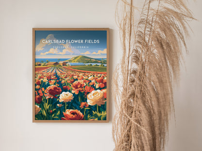 Carlsbad Flower Fields, California Poster | Vibrant Blooms & Coastal Views Wall Art — styled in a modern interior