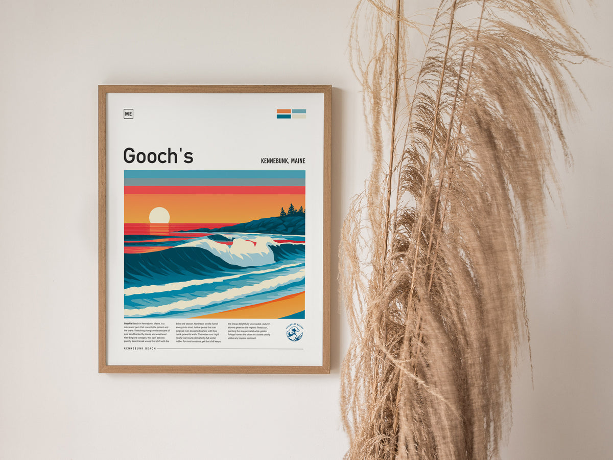Gooch's Beach, Kennebunk, Maine Poster | Rocky Shore & Rolling Waves Wall Art — styled in a modern interior
