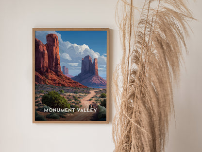 A framed poster of Monument Valley featuring red sandstone mesas under a blue sky is displayed on a wall beside dried pampas grass.