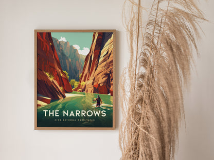 Framed poster of The Narrows at Zion National Park, depicting vibrant slot canyons and a hiker by the river. Decorative pampas grass is visible beside the artwork.