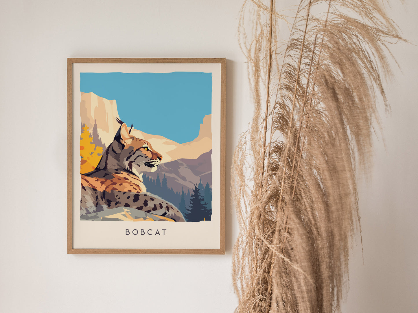 Bobcat Wildlife Poster | Fierce & Beautiful Wildcat Wall Art — styled in a modern interior