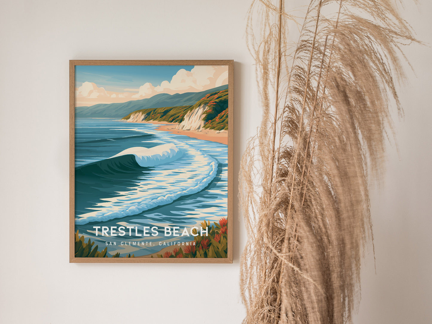 Trestles Beach, California Poster | Golden Hour Surf Break Wall Art — styled in a modern interior