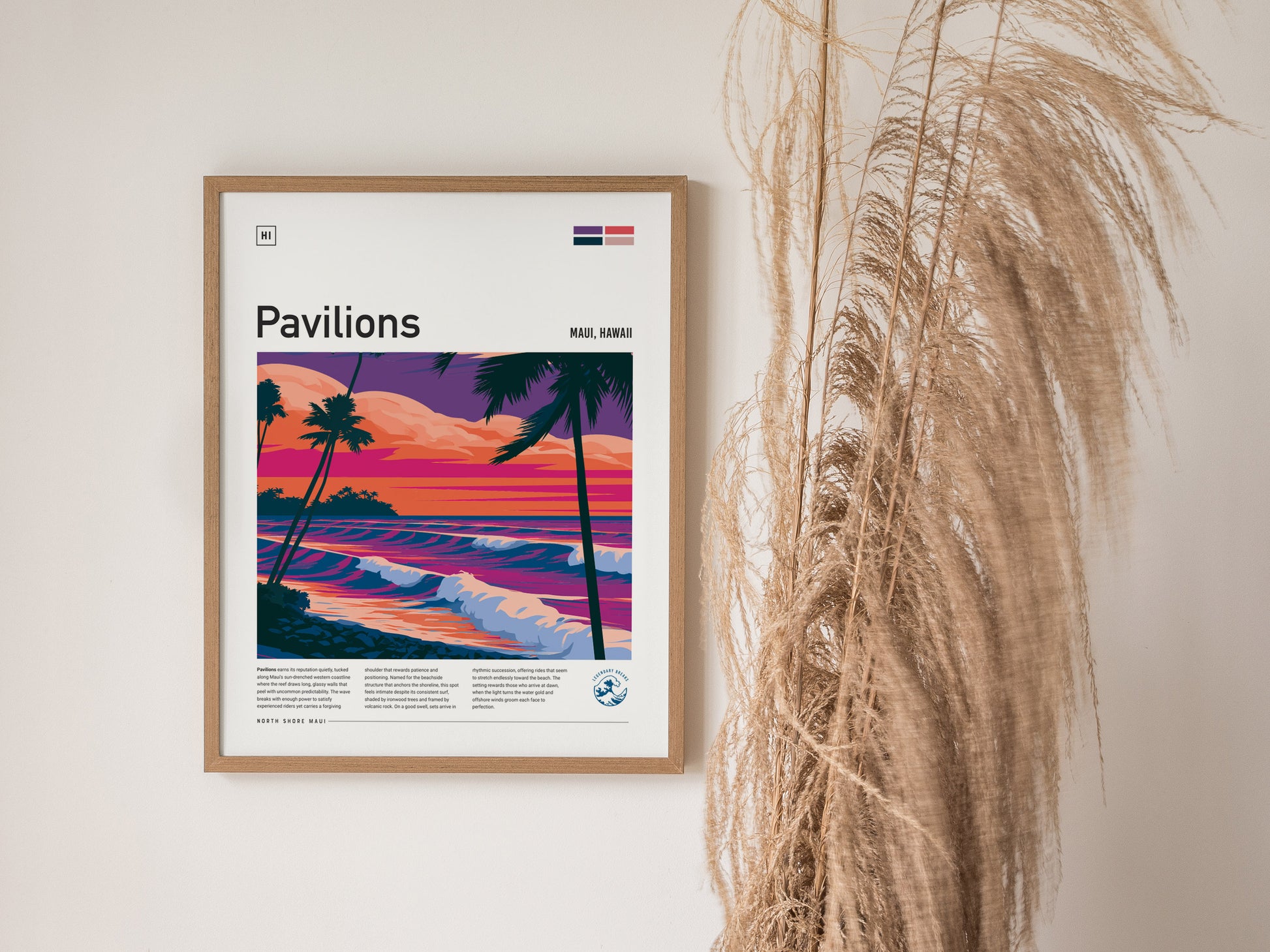 Pavilions, Hawaii Poster | Golden Surf Break Paradise Wall Art — styled in a modern interior