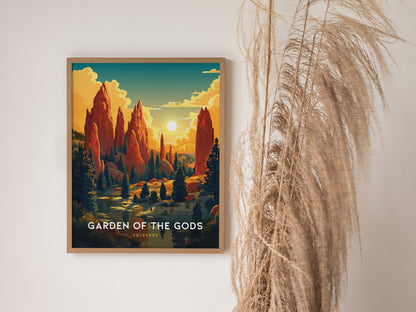 A framed poster titled Garden of the Gods showcases vibrant red rock formations against a sunset sky, with decorative pampas grass beside it.