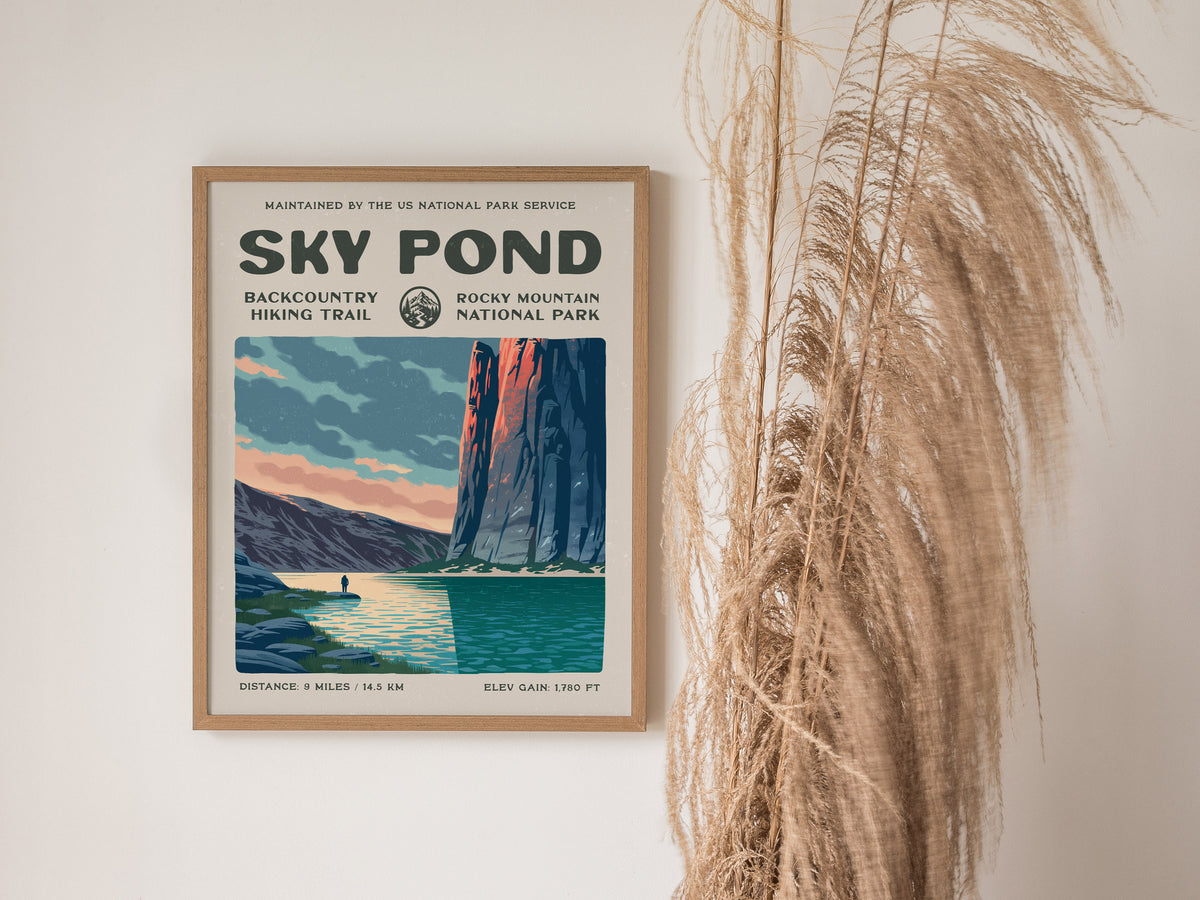 Sky Pond, Rocky Mountain National Park Poster | Hiker Gift | Backcountry Trail Wall Art — styled in a modern interior