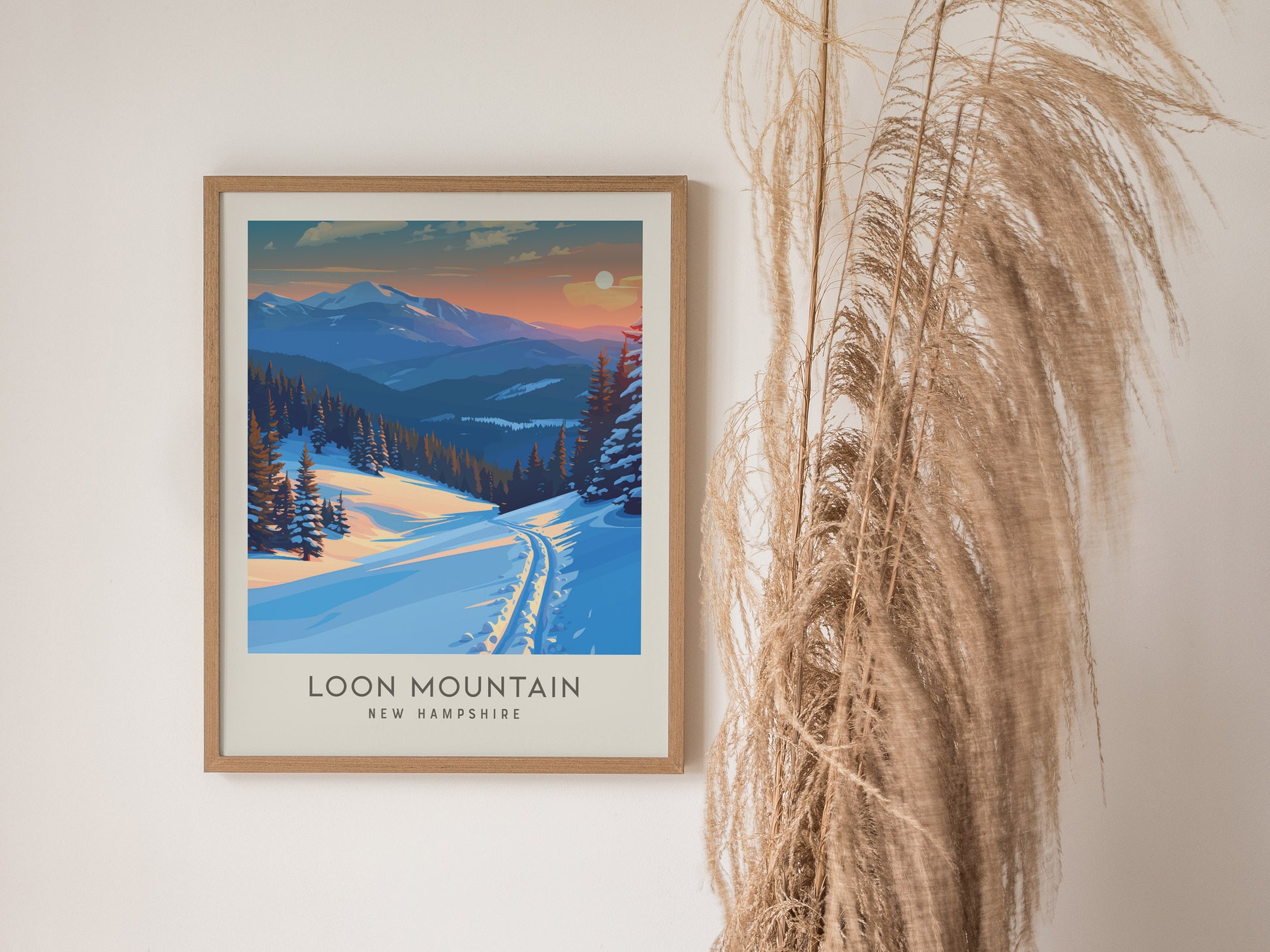 Loon Mountain Matte Border Poster | New Hampshire Travel Wall Art — styled in a modern interior