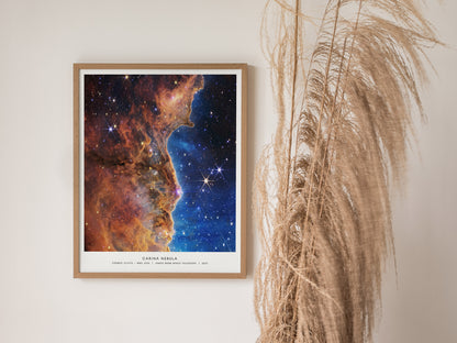 Vibrant Carina Nebula NASA poster showing glowing gas, dust clouds, and newborn stars