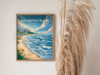 Galveston Island, Texas Poster | Seaside Pier & Gulf Coast Wall Art — styled in a modern interior