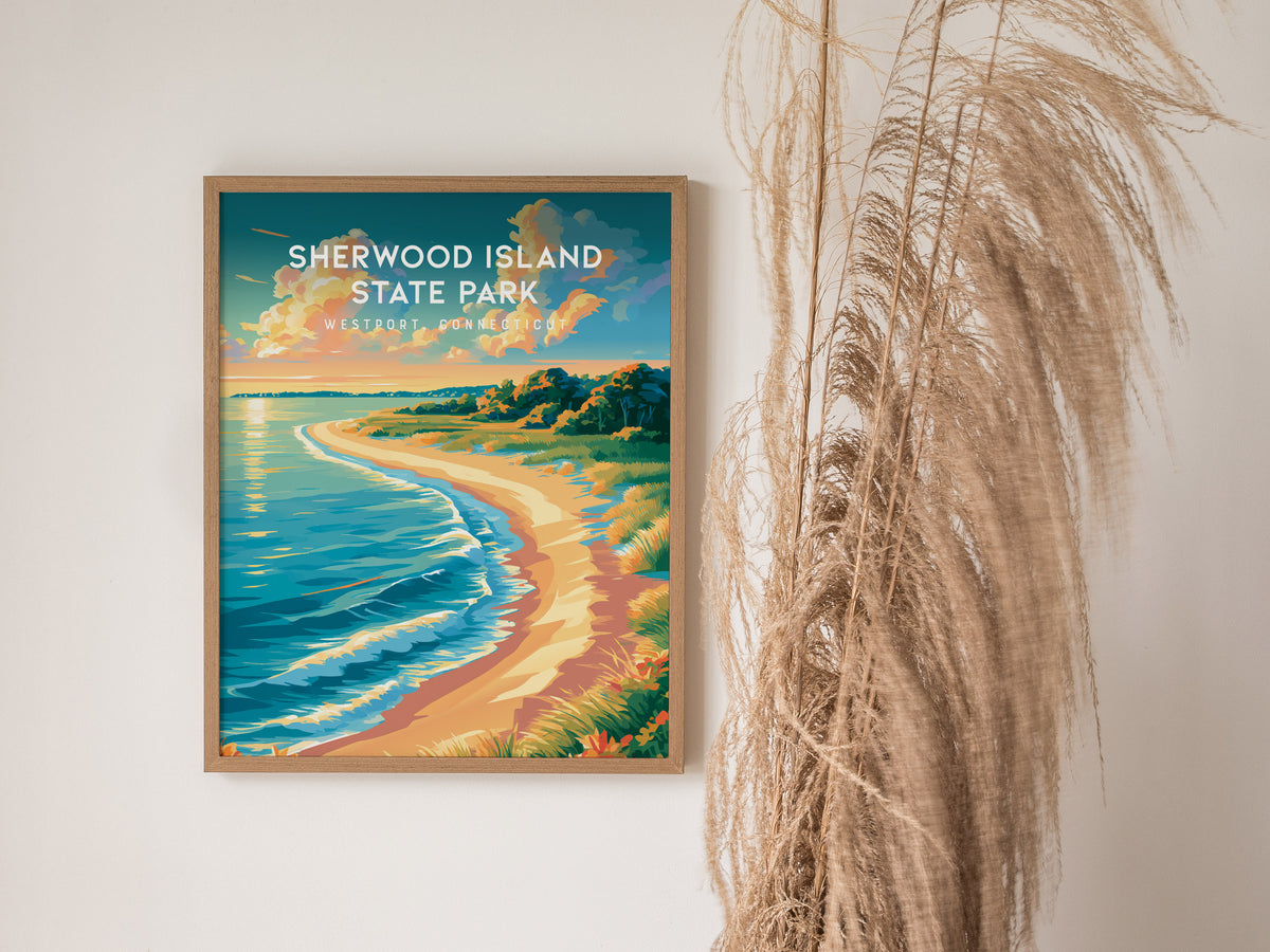 Sherwood Island State Park, Westport, Connecticut Poster | Seaside Travel Gift Wall Art — styled in a modern interior