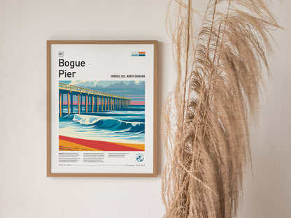 Bogue Pier, Emerald Isle, North Carolina Poster | Surf Wall Art & Beach House Decor — styled in a modern interior