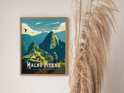 Framed poster of Machu Picchu with vibrant Andean landscape and a hiker in the foreground, displayed on a wall beside tall dried grasses.