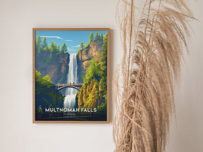 A framed poster of Multnomah Falls depicting a scenic waterfall with a bridge against a forested backdrop is displayed on a wall next to decorative dried grass.