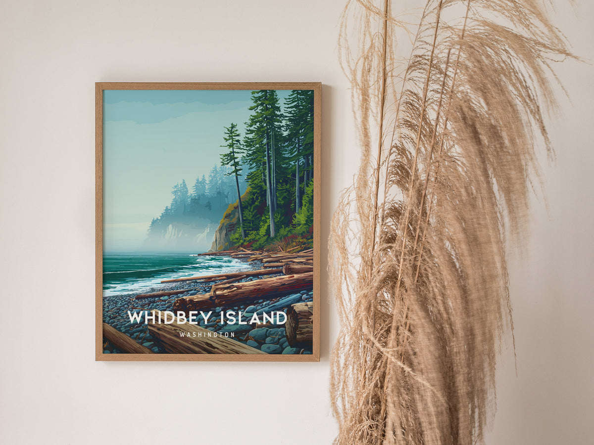 Whidbey Island, Washington Poster | Evergreen Shores & Sailboat Wall Art — styled in a modern interior