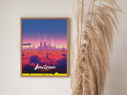 Badlands Cyberpunk Poster | Desert Landscape Gamer Wall Art | Framed or Unframed
