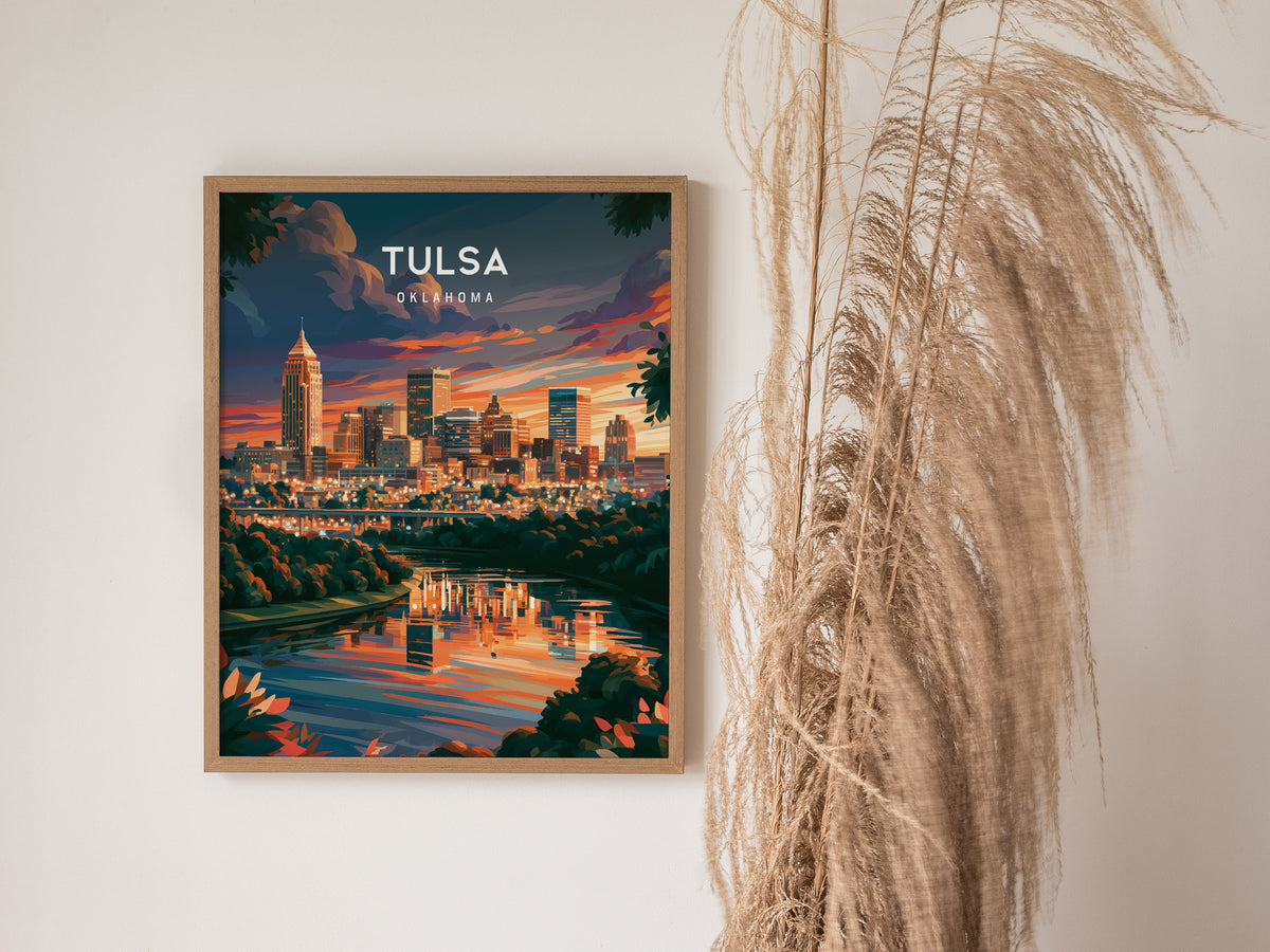 Tulsa, Oklahoma Poster | Route 66 Art Deco Skyline Wall Art — styled in a modern interior