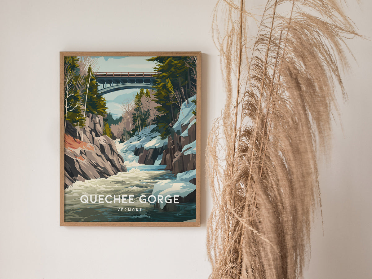 Quechee Gorge, Vermont Poster | Scenic Bridge & River Valley Wall Art — styled in a modern interior