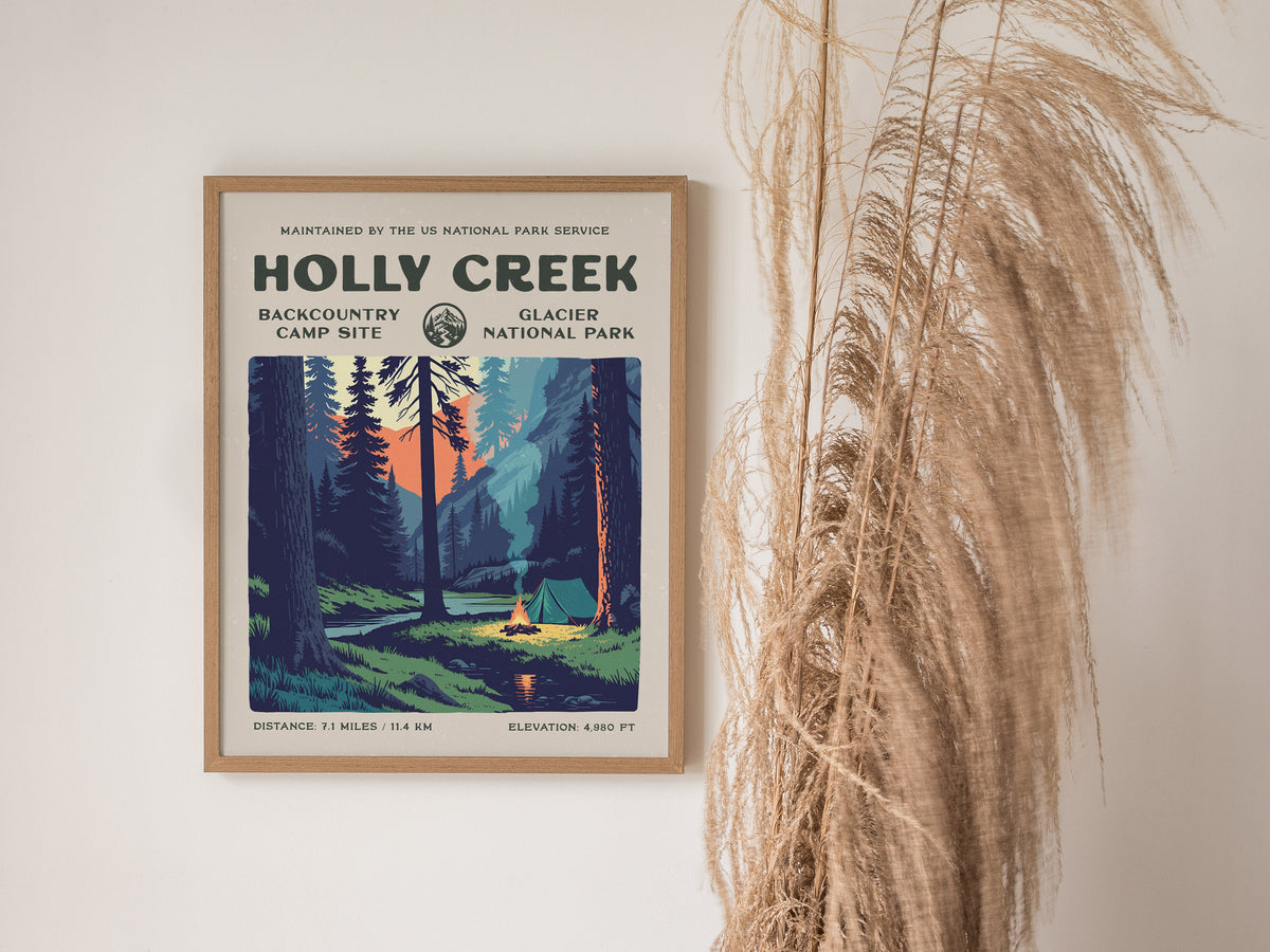 Holly Creek, Glacier National Park Poster | Hiker Gift | Backcountry Trail Wall Art — styled in a modern interior