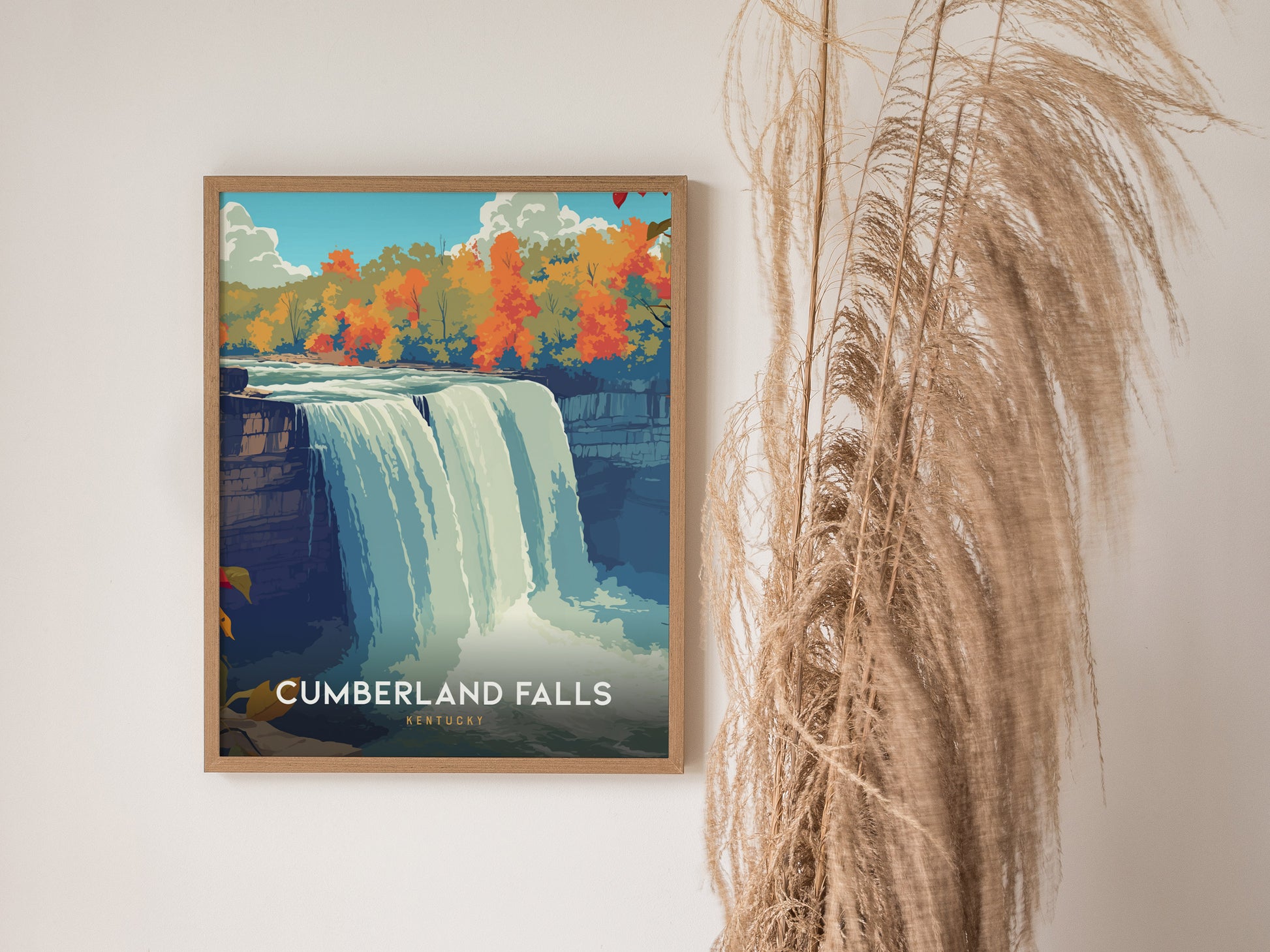 Vintage travel poster art print of Cumberland Falls, Kentucky, showcasing vibrant autumn colors and a tranquil waterfall scene.