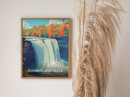 Vintage travel poster art print of Cumberland Falls, Kentucky, showcasing vibrant autumn colors and a tranquil waterfall scene.