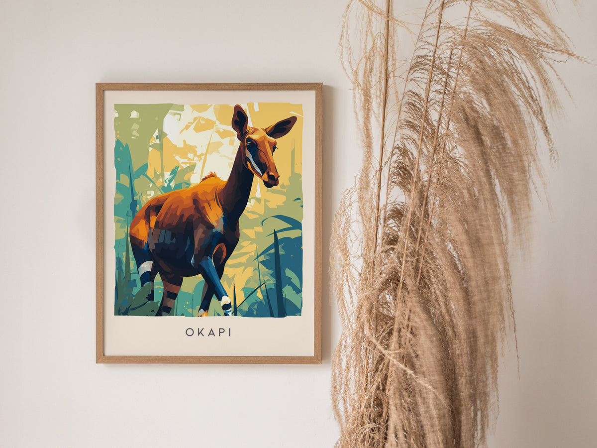 Okapi, Okapia johnstoni Poster | Rainforest Wildlife Wall Art — styled in a modern interior