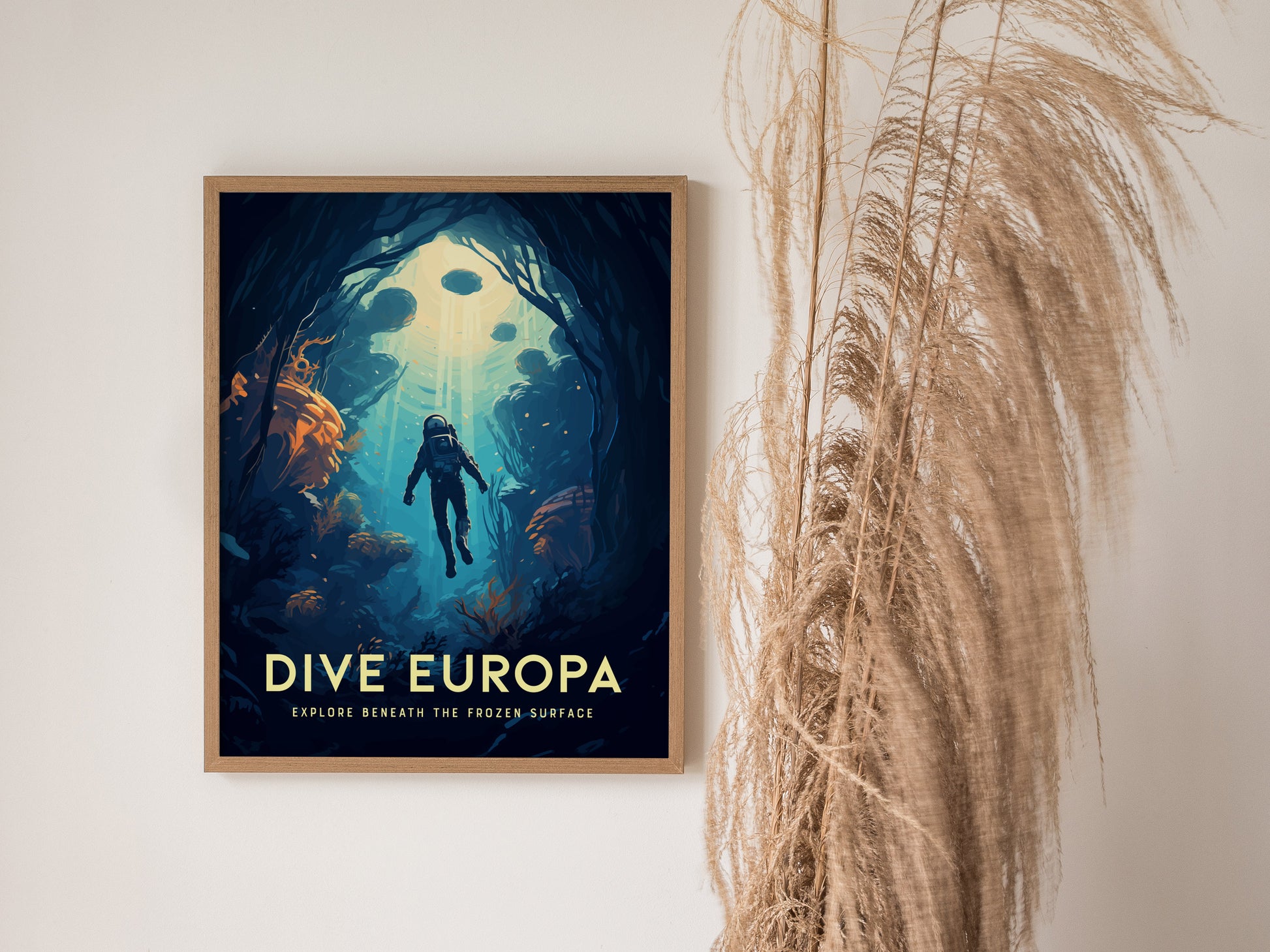 Dive Europa Poster | Jupiter Moon Space Exploration Wall Art | Framed or Unframed