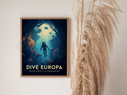 Dive Europa Poster | Jupiter Moon Space Exploration Wall Art | Framed or Unframed