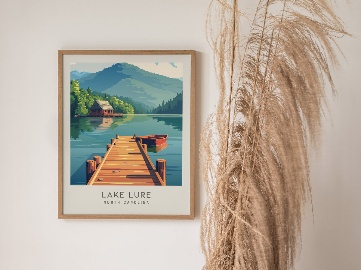 Lake Lure Matte Border Poster | North Carolina Vacation Wall Art — styled in a modern interior