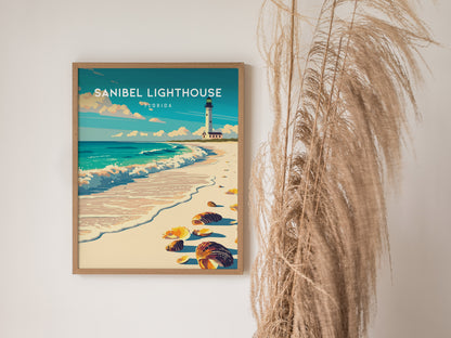Sanibel Lighthouse, Florida Poster | Gulf Coast Beacon Coastal Decor Wall Art — styled in a modern interior