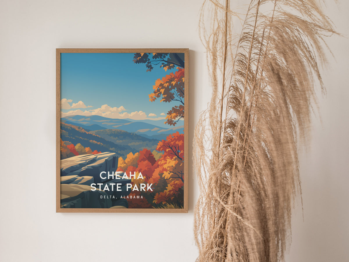 Cheaha State Park, Delta, Alabama Poster | Mountain Overlook Wilderness Wall Art — styled in a modern interior