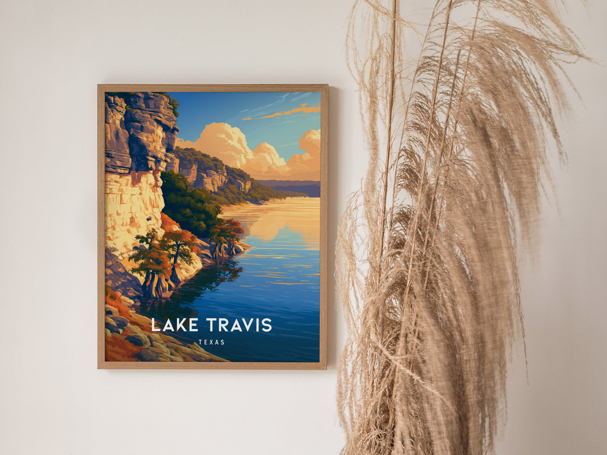 Lake Travis, Texas Poster | Hill Country Lake Sunset Wall Art — styled in a modern interior