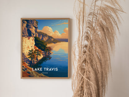 Lake Travis, Texas Poster | Hill Country Lake Sunset Wall Art — styled in a modern interior
