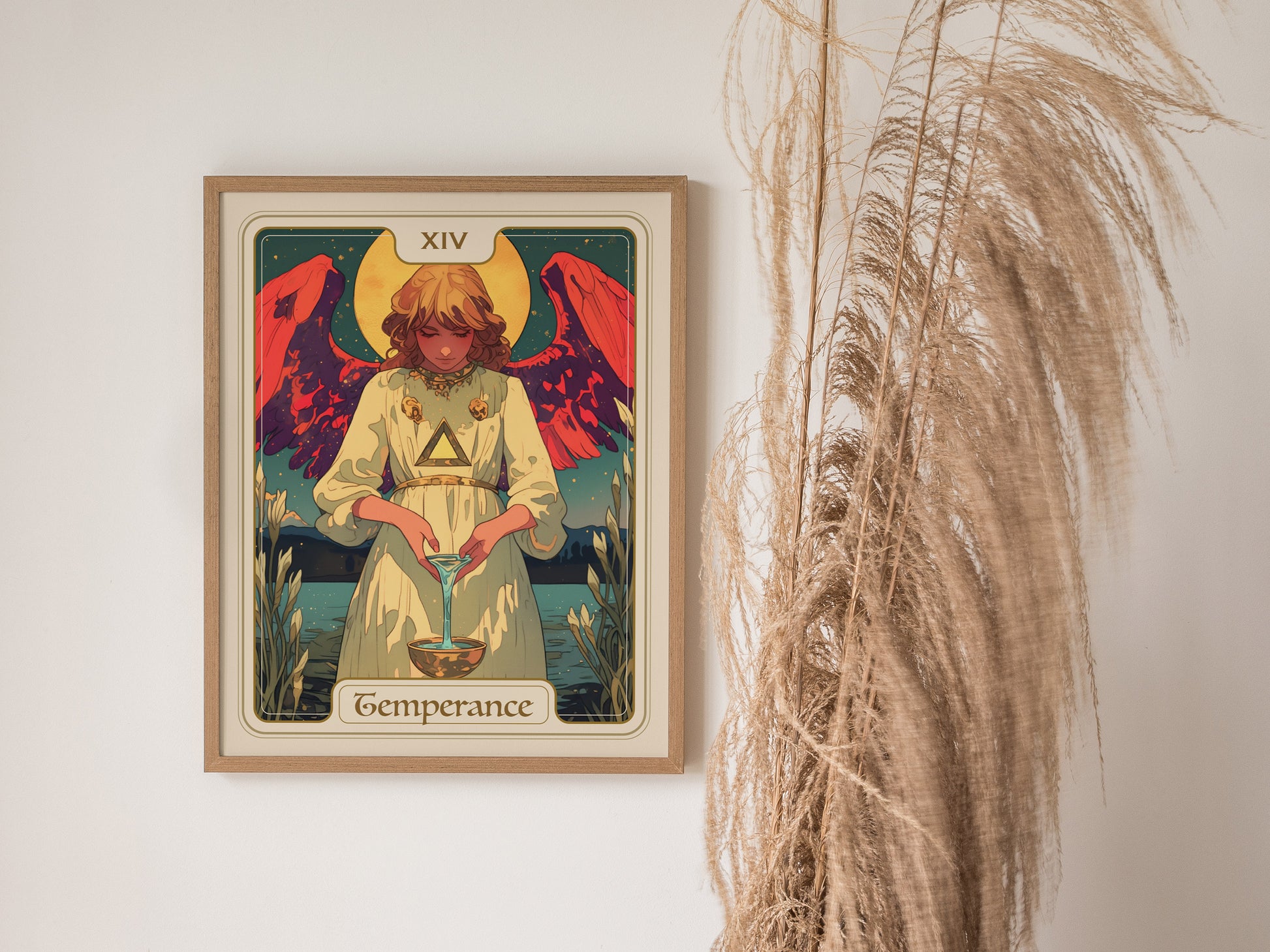 Framed Temperance Tarot poster features an angelic figure with red wings pouring liquid between cups, set against a serene, starry backdrop.