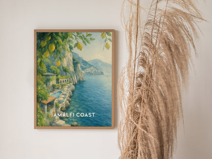 Amalfi Coast Italy Watercolor Travel Print | Hotel Santa Caterina Wall Art Poster | Framed or Unframed