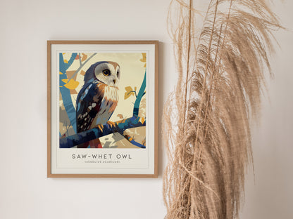 Saw-whet Owl Poster | Northern Forest Bird Art | Cabin Decor