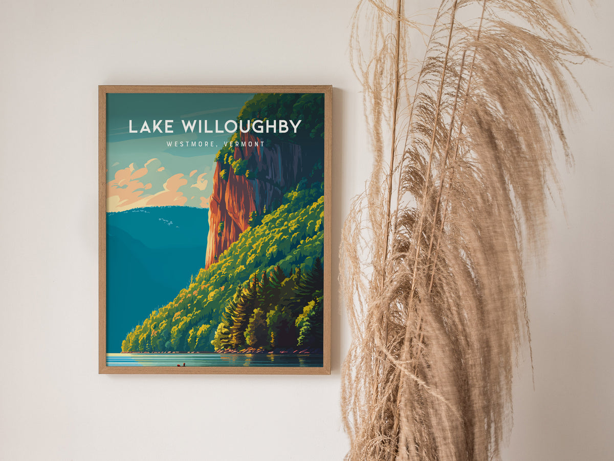 Lake Willoughby, Westmore, Vermont Poster | Scenic Mountain Lake Travel Wall Art — styled in a modern interior