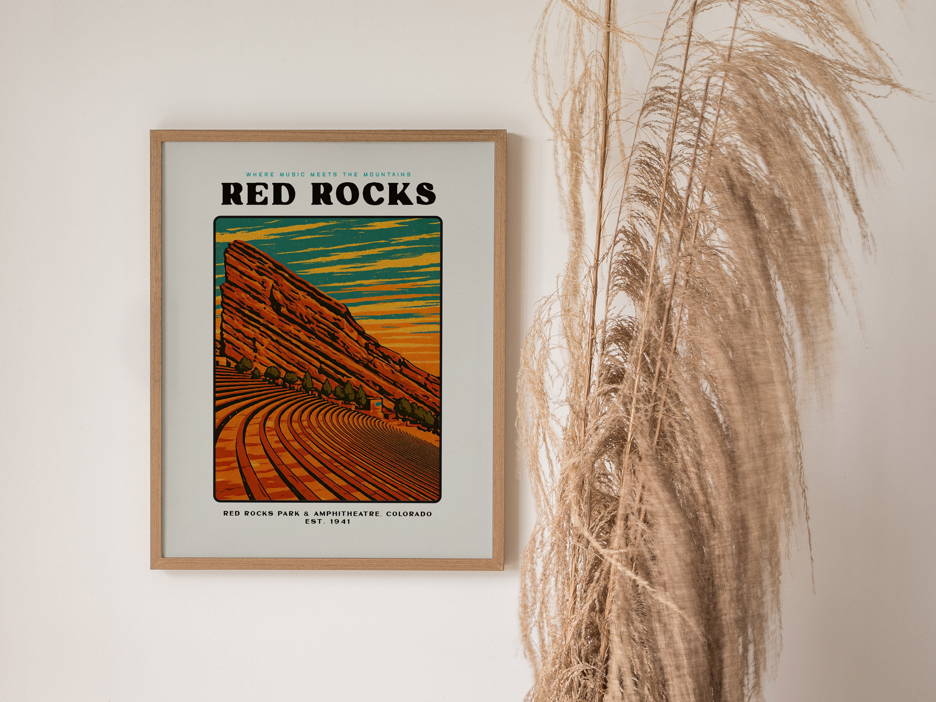 Red Rocks Amphitheatre Poster | Vintage Colorado Block Print Art