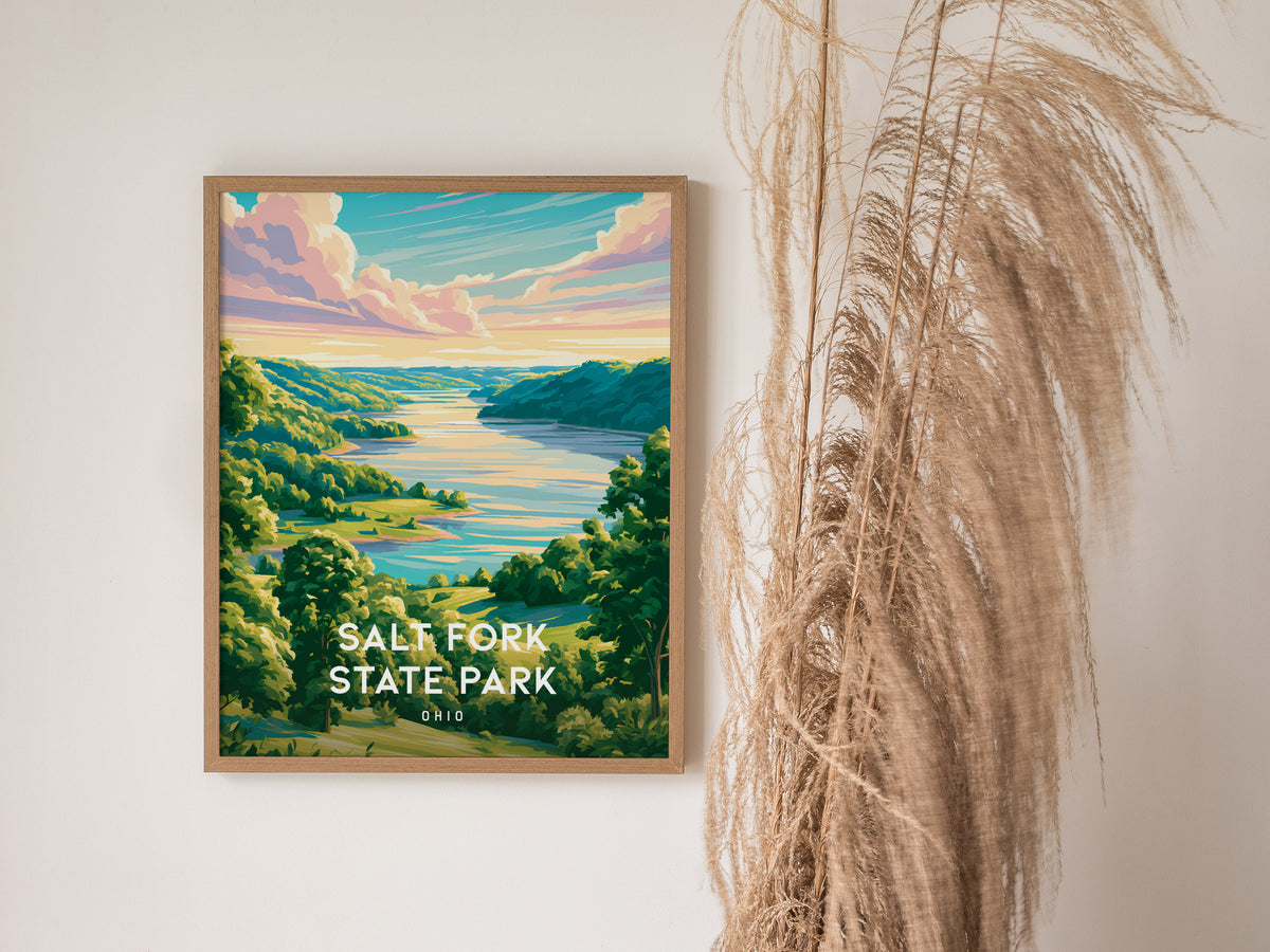 Salt Fork State Park, Ohio Poster | Lakeside Forest Retreat Wall Art — styled in a modern interior