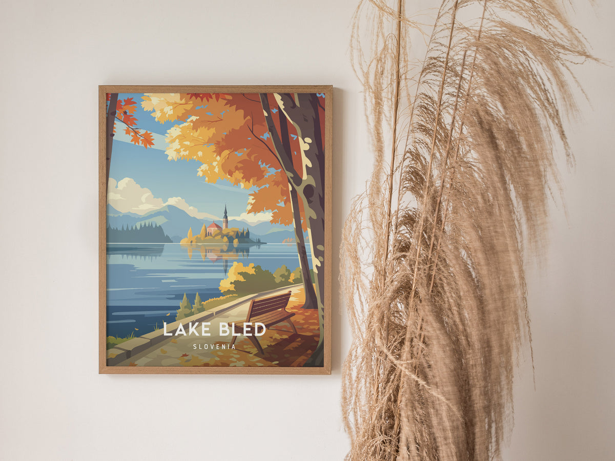 Lake Bled, Slovenia Poster | Alpine Island Church Destination Print Wall Art — styled in a modern interior