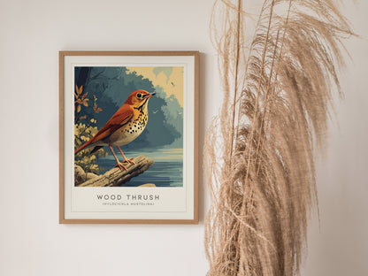 Wood Thrush Poster | Forest Songbird Nature Illustration Wall Art — styled in a modern interior