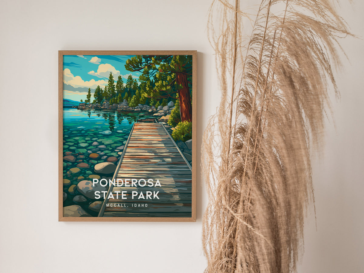 Ponderosa State Park, McCall, Idaho Poster | Mountain Lake Wilderness Framed or Unframed Wall Art — styled in a modern interi