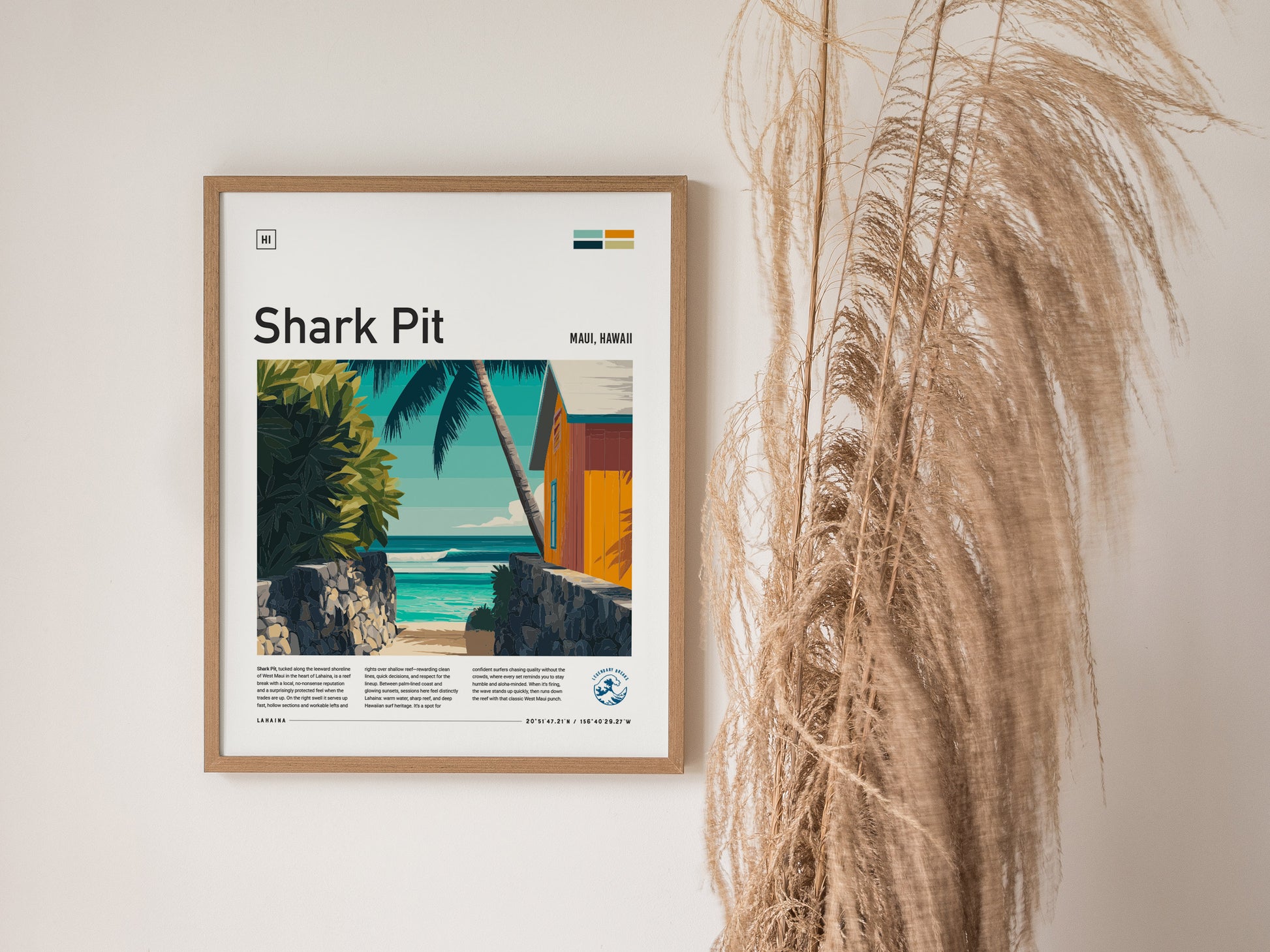 Vibrant Shark Pit poster featuring a tropical pathway to the ocean, framed by palm trees and a surf shack, perfect surf decor.